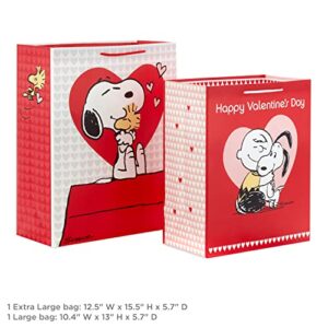 Hallmark Peanuts Valentine's Day Gift Bag Bundle (2 Bags: 1 Large 13", 1 Extra Large 15") with Charlie Brown, Snoopy, Woodstock