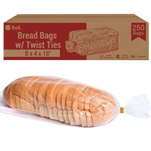reli. bread bags with ties | 8 x 4 x 18" | 250 pack (250 twist ties) | bulk bread bags for homemade bread | plastic bread bags for bakery | bread loaf packing bags | clear, large