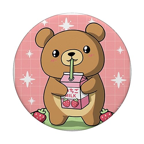 Kawaii Teddy Bear Drinking Strawberry Milk Japanese PopSockets Standard PopGrip