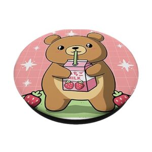 Kawaii Teddy Bear Drinking Strawberry Milk Japanese PopSockets Standard PopGrip