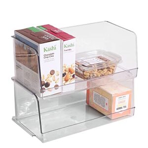 emeril lagasse stackable plastic food storage organizer bin basket with open front for household kitchen cabinets, pantry, offices, closets, bedrooms, bathrooms 12.2" wide, 2 pack - clear
