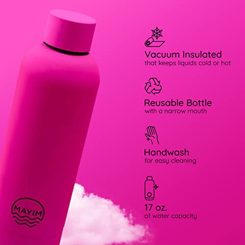 Mayim “The Bullet” On-the-Go Sports Water Bottle, Vacuum-Insulated Double Walled Reusable Stainless-Steel Thermos, Leakproof, Matte Coated, 17 Ounces, Hot Pink/Fuchsia