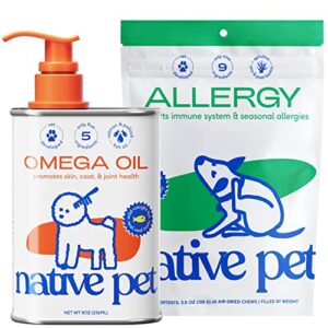 native pet itchy skin bundle | allergy chews for dogs (60 servings) + omega oil for dogs (8oz) | dog allergy relief + itching relief for dogs | dog probiotics for itchy skin & dog fish oil