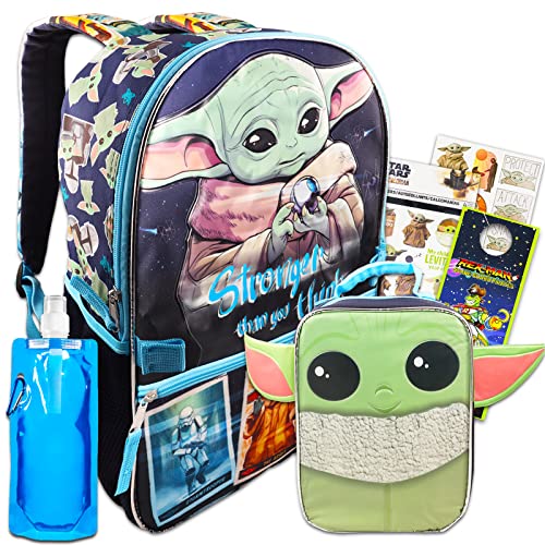 Fast Forward Baby Yoda Backpack with Lunch Box Set - Bundle with Baby Yoda Backpack, Baby Yoda Lunch Box, Water Bottle, Stickers, More | Star Wars Backpack Kids