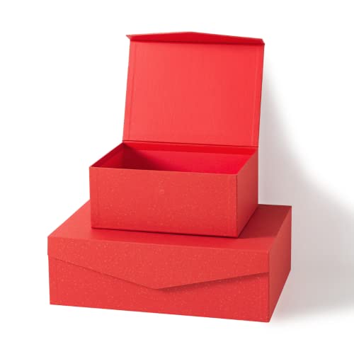 Soul & Lane Red and Gold Magnetic Gift Boxes for Presents (Pack of 2): Stackable Gift Cartons with Lids, Rectangle Christmas Boxes, Bridesmaid Gifts Containers, Decorative Nesting Keepsake Boxes