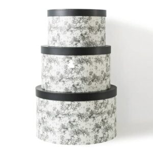 soul & lane floral hat round boxes with lids - set of 3: nesting cardboard hat storage, large black print hat cases, round decorative keepsake boxes, stacking paper mache craft boxes