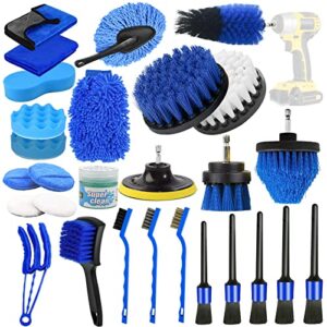 car detailing brushes kit,28pcs car cleaning drill brush set with detailing brushes and microfiber wash mitt, buffing polishing sponge pads,auto cleaning tools kit for interior&exterior, tire, wheels