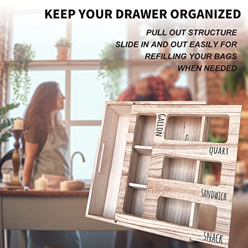 JOYLETUS Wooden Sandwich Bag Organizer For Drawer,Farmhouse Slide Ziplock Baggies Organizers Wall Mounted,Hanging Zip Lock Bag Holder And Container For Food Storage Bags,1 Box 4 Slots