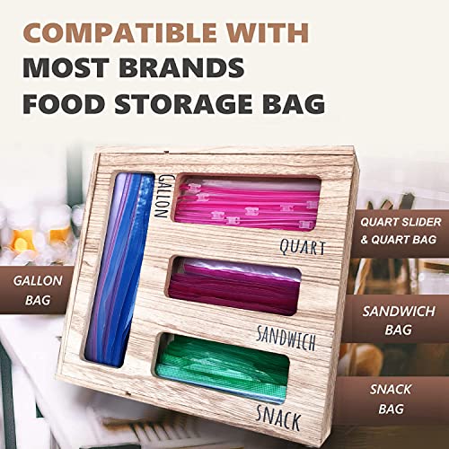 JOYLETUS Wooden Sandwich Bag Organizer For Drawer,Farmhouse Slide Ziplock Baggies Organizers Wall Mounted,Hanging Zip Lock Bag Holder And Container For Food Storage Bags,1 Box 4 Slots