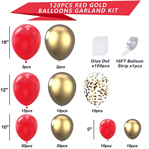 Red Gold Balloons Garland Kit, 120Pcs 18 12 10 5In Red and Gold Balloons With Gold Confetti Balloons for Valentines Wedding Bachelorette Birthday Baby Shower Engagements Anniversary Party Decorations