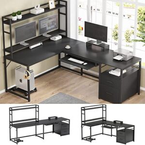 sedeta l shaped desk with hutch, home office desk with file drawers, 94.4 inches two person desk, corner computer desk with keyboard tray, monitor stand, storage shelves, gaming desk, black
