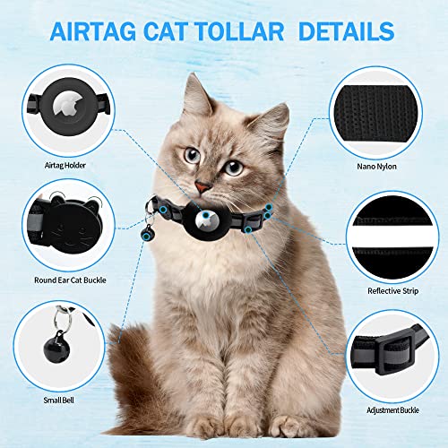 vyaji 4PCS Airtag Cat Collar - Cat Airtag Collar with Silicone Airtag Holder and Bell - Adjustable Double Layer Nylon Breakaway Cat Collars - 0.2in Reflective Strip