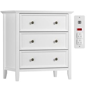 ikeno white nightstand with 3 drawers and charging station, solid wood nightstand organizer for bedroom