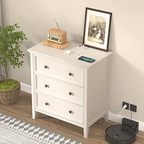 IKENO White Nightstand with 3 Drawers and Charging Station, Solid Wood Nightstand Organizer for Bedroom