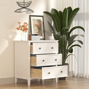 IKENO White Nightstand with 3 Drawers and Charging Station, Solid Wood Nightstand Organizer for Bedroom