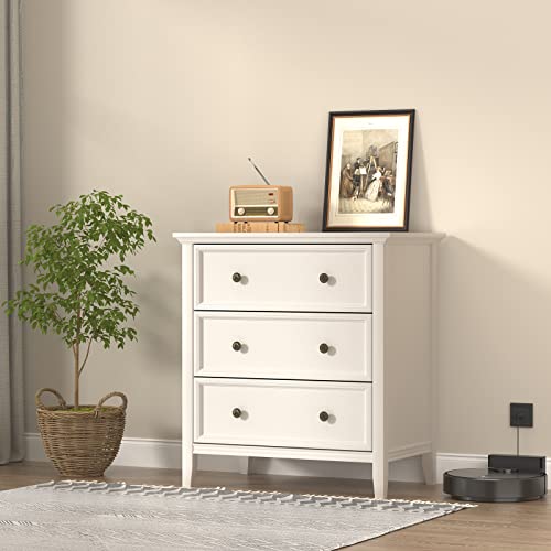 IKENO White Nightstand with 3 Drawers and Charging Station, Solid Wood Nightstand Organizer for Bedroom