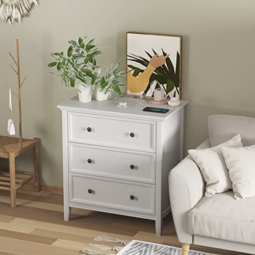 IKENO White Nightstand with 3 Drawers and Charging Station, Solid Wood Nightstand Organizer for Bedroom