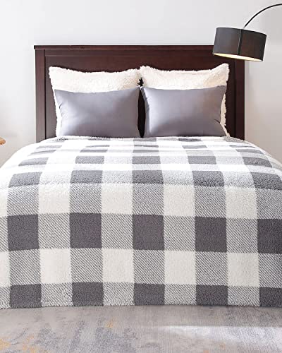 Panku Plaid Sherpa Throw Blanket with Solid Plush Reverse, Reversible Soft Fleece Checkered Blanket for Couch and Bed, Cozy and Warm Fuzzy Blanket, Grey Plaid, 50x60 Inches