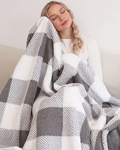 Panku Plaid Sherpa Throw Blanket with Solid Plush Reverse, Reversible Soft Fleece Checkered Blanket for Couch and Bed, Cozy and Warm Fuzzy Blanket, Grey Plaid, 50x60 Inches