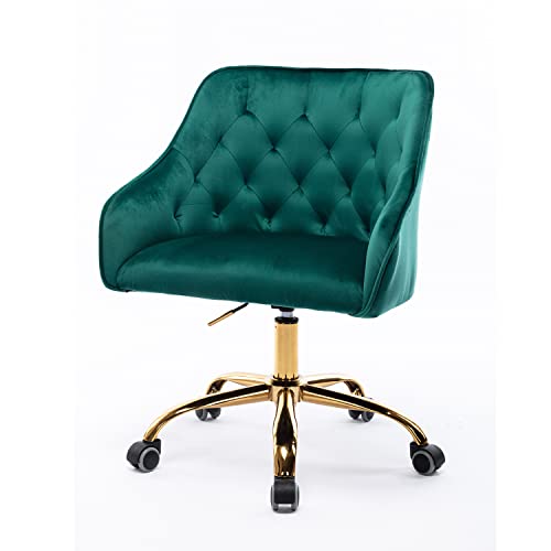 Goujxcy Desk Chair,Modern Velvet Fabric Office Chair,360° Swivel Height Adjustable Comfy Upholstered Tufted Accent Chair (Green)