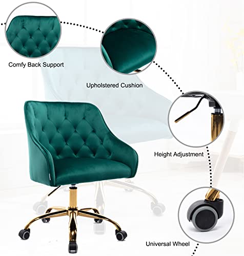 Goujxcy Desk Chair,Modern Velvet Fabric Office Chair,360° Swivel Height Adjustable Comfy Upholstered Tufted Accent Chair (Green)