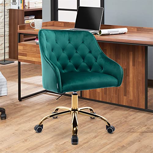 Goujxcy Desk Chair,Modern Velvet Fabric Office Chair,360° Swivel Height Adjustable Comfy Upholstered Tufted Accent Chair (Green)