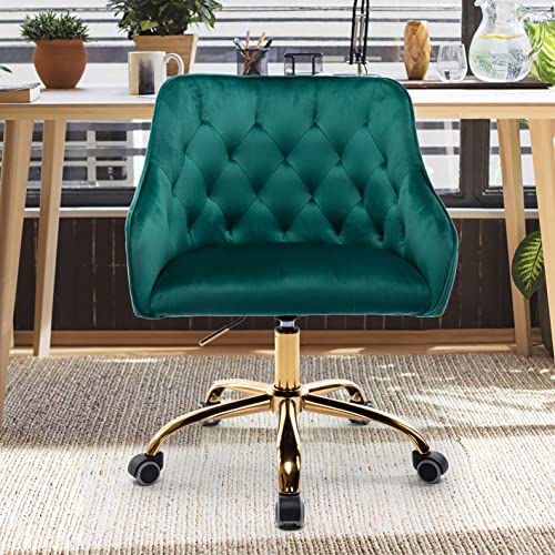 Goujxcy Desk Chair,Modern Velvet Fabric Office Chair,360° Swivel Height Adjustable Comfy Upholstered Tufted Accent Chair (Green)