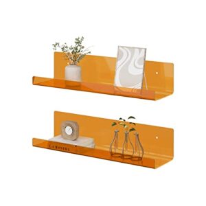 rrg 15 inch acrylic floating shelves, 2 pack kids floating bookshelf wall mounted display shelf for books, kids room, nursery, bedroom, bathroom, living room (orange)