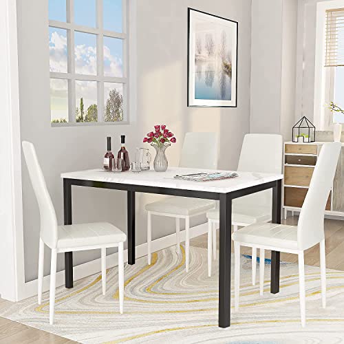 Faux Marble Dining Set for Small Spaces Kitchen 4 Table with Chairs Home Furniture