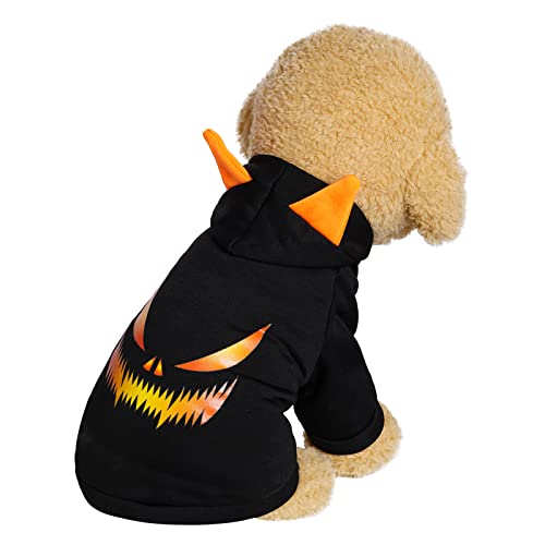 Halloween Dog Costume Pet Puppy Outfits Printed with Evil Pumkin Face Doggie Winter Clothes Sweatshirt Hooded Coat Cat Jumpsuits for Halloween Costume Cosplay Carnival Photography (Small, Black)