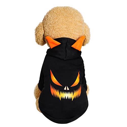 Halloween Dog Costume Pet Puppy Outfits Printed with Evil Pumkin Face Doggie Winter Clothes Sweatshirt Hooded Coat Cat Jumpsuits for Halloween Costume Cosplay Carnival Photography (Small, Black)