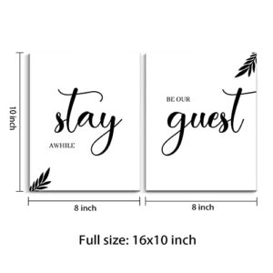 Creoate Wrapped Canvas Wall Art Be Our Guest Sign Wall Decor for Guest Room Stay Awhile Signs for Home Decor Minimalist Black and White Canvas Print Set of 2 for Living Room Decor (White)