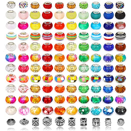 250Pcs Large Hole Beads for Jewelry Making, MONKLE 200pcs European Beads Bulk Glass Beads Rhinestones Lampwork Beads with 50+pcs Silver Spacer Beads for DIY Craft Bracelet Necklace Earring Making