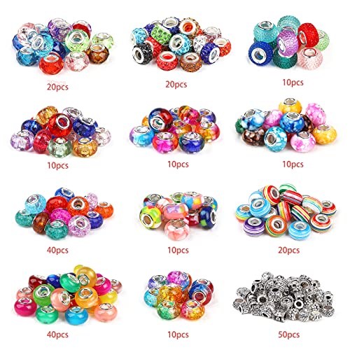 250Pcs Large Hole Beads for Jewelry Making, MONKLE 200pcs European Beads Bulk Glass Beads Rhinestones Lampwork Beads with 50+pcs Silver Spacer Beads for DIY Craft Bracelet Necklace Earring Making