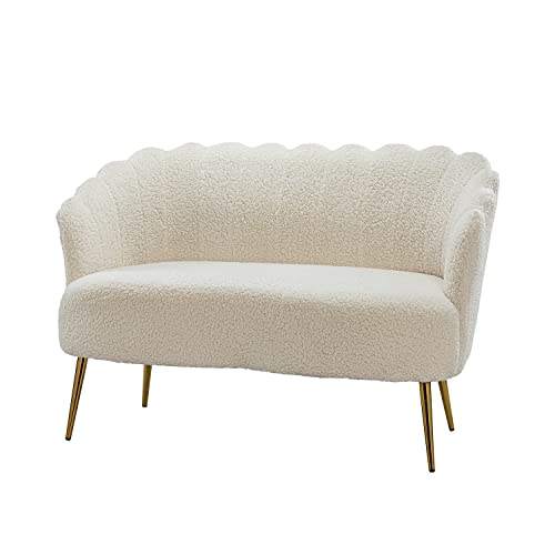 HULALA HOME Modern Loveseat Sofa with Gold Legs, Small Armless 2-Seater Sofa with Flower Shaped Back, Comfy Upholstered Love Seats Couch for Bedroom, Living Room, Office, Apartment, Small Space/Ivory