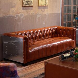 nauticalmart aluminum aviator three seater sofa, real leather and aluminum