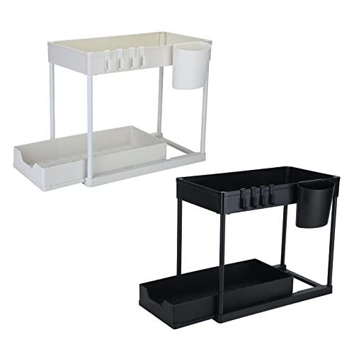 Qucover 2 Tier Under Sink Organizer, 2 Pack Bathroom Cabinet Organizers and Storage Sliding, Waterproof Kitchen Sink Organizer Under Cabinet Storage with Hooks, Hanging Cup, Black & White