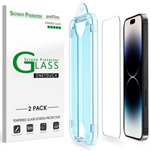 amfilm screen protector onetouch compatible with iphone 14 pro max 6.7", dynamic island compatible- with easy installation kit, full coverage case friendly, tempered glass, 2 pack