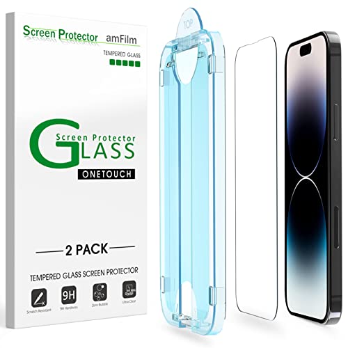 amFilm Screen Protector OneTouch Compatible with iPhone 14 Pro Max 6.7", Dynamic Island Compatible- with Easy Installation Kit, Full Coverage Case Friendly, Tempered Glass, 2 Pack