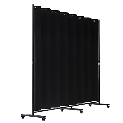 Madamera Adjustable Room Divider, 7 ft x 10 ft, 4 Rolling Wheels Curtain Divider Stand, Black Metal Frame, Blackout Curtain & Portable Tool, Expandable Screen for Office, Bedroom, Kitchen (Black)