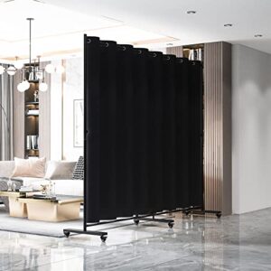 Madamera Adjustable Room Divider, 7 ft x 10 ft, 4 Rolling Wheels Curtain Divider Stand, Black Metal Frame, Blackout Curtain & Portable Tool, Expandable Screen for Office, Bedroom, Kitchen (Black)