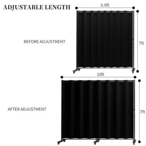 Madamera Adjustable Room Divider, 7 ft x 10 ft, 4 Rolling Wheels Curtain Divider Stand, Black Metal Frame, Blackout Curtain & Portable Tool, Expandable Screen for Office, Bedroom, Kitchen (Black)