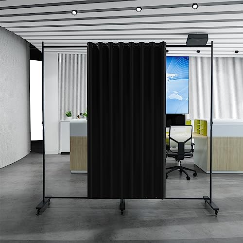 Madamera Adjustable Room Divider, 7 ft x 10 ft, 4 Rolling Wheels Curtain Divider Stand, Black Metal Frame, Blackout Curtain & Portable Tool, Expandable Screen for Office, Bedroom, Kitchen (Black)