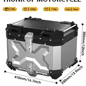 LASIEYO 45L Motorcycle Top Case, Aluminum Motorcycle Trunk Tour Tail Box with Security Lock for Store Helmet Large Luggage, Waterproof Motorcycle Top Box, Universal Motorcycle Accessories (Silver)