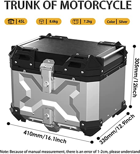 LASIEYO 45L Motorcycle Top Case, Aluminum Motorcycle Trunk Tour Tail Box with Security Lock for Store Helmet Large Luggage, Waterproof Motorcycle Top Box, Universal Motorcycle Accessories (Silver)