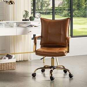 hulala home faux leather home office desk chair, adjustable swivel computer chair with golden legs and arms, comfy upholstered task chair,camel