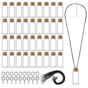 sawysine 50 pcs 10 ml mini glass bottles with cork for necklace jars,tiny wishing bottles with 50 pcs black waxed cord and 100 pcs clasp rings for diy crafts bead container
