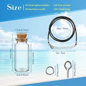 Sawysine 50 Pcs 10 ml Mini Glass Bottles with Cork for Necklace Jars,tiny Wishing Bottles with 50 Pcs Black Waxed Cord and 100 Pcs Clasp Rings for DIY Crafts Bead Container