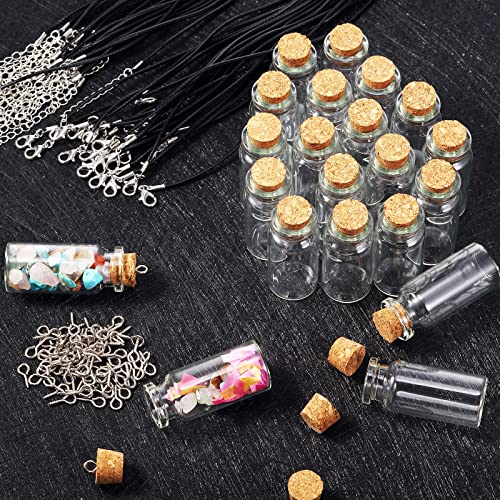 Sawysine 50 Pcs 10 ml Mini Glass Bottles with Cork for Necklace Jars,tiny Wishing Bottles with 50 Pcs Black Waxed Cord and 100 Pcs Clasp Rings for DIY Crafts Bead Container