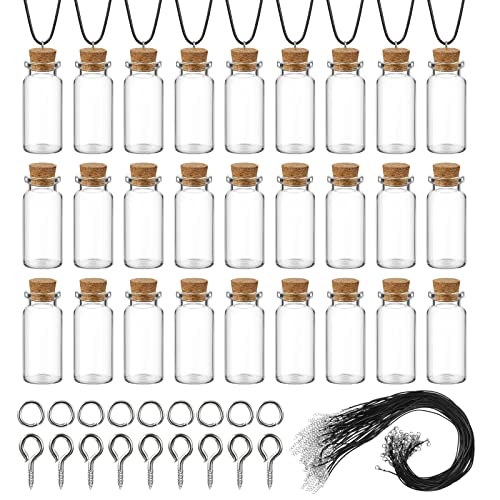 Sawysine 50 Pcs 10 ml Mini Glass Bottles with Cork for Necklace Jars,tiny Wishing Bottles with 50 Pcs Black Waxed Cord and 100 Pcs Clasp Rings for DIY Crafts Bead Container